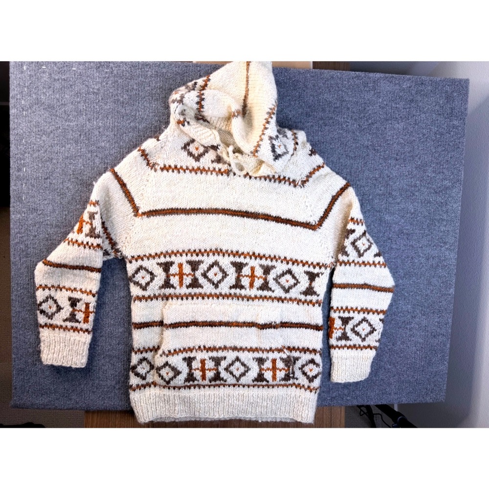 Falloon Handknit Wool Hoodie Sweater Mens L Cream Brown Geometric Ecuador Y2K
